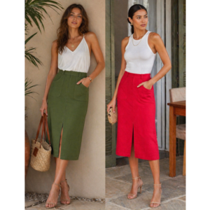 SAIA DE LINHO COM BOLSOS E ABERTURA FRONTAL