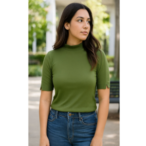 BLUSA CANELADA GOLA ALTA COM ABERTURA NA MANGA