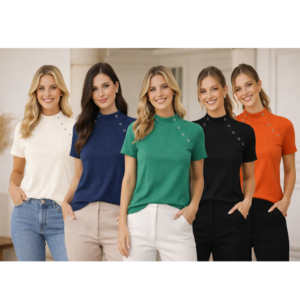 BLUSA MANGA CURTA EM MALHA CANELADA GOLA ALTA COM BOTÕES