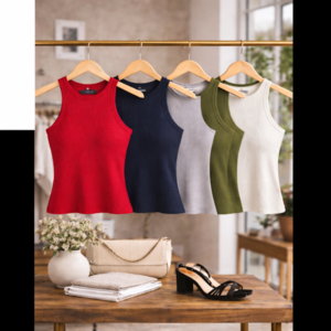 BLUSA REGATA EM MALHA CANELADA DECOTE E CAVAS AMERICANAS COM GALAO