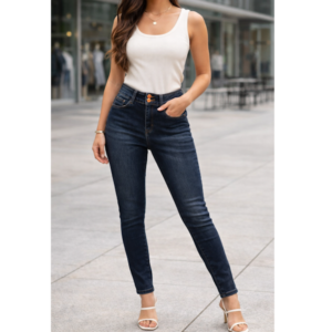 CALÇA JEANS SKINNY CINTURA ALTA COM BOTÕES FRONTAIS