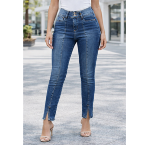 CALÇA JEANS SKINNY COM RECORTE FRONTAL E FENDA NA BARRA